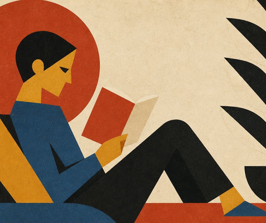 A reader absorbed in an open book, drawn in flat geometric shapes